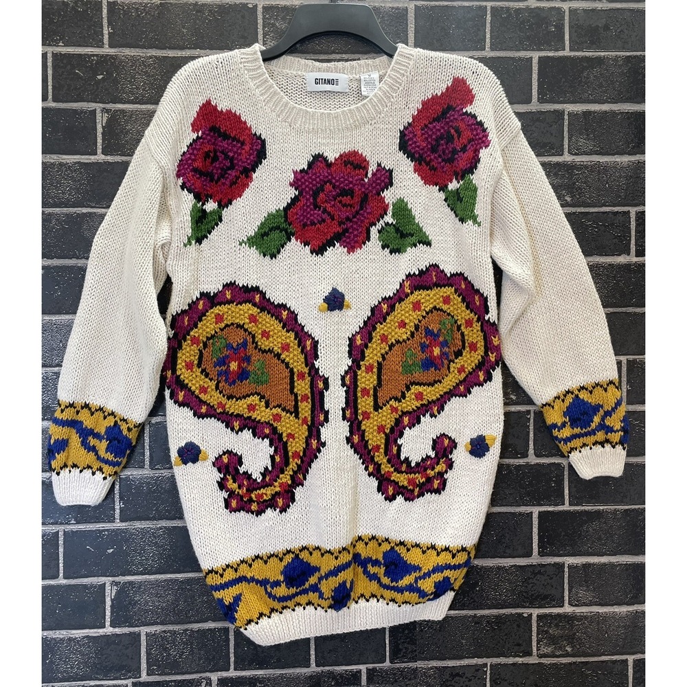 Vintage 90's Paisley Sweater Size Medium Y2K Oversized Grandma Core Long